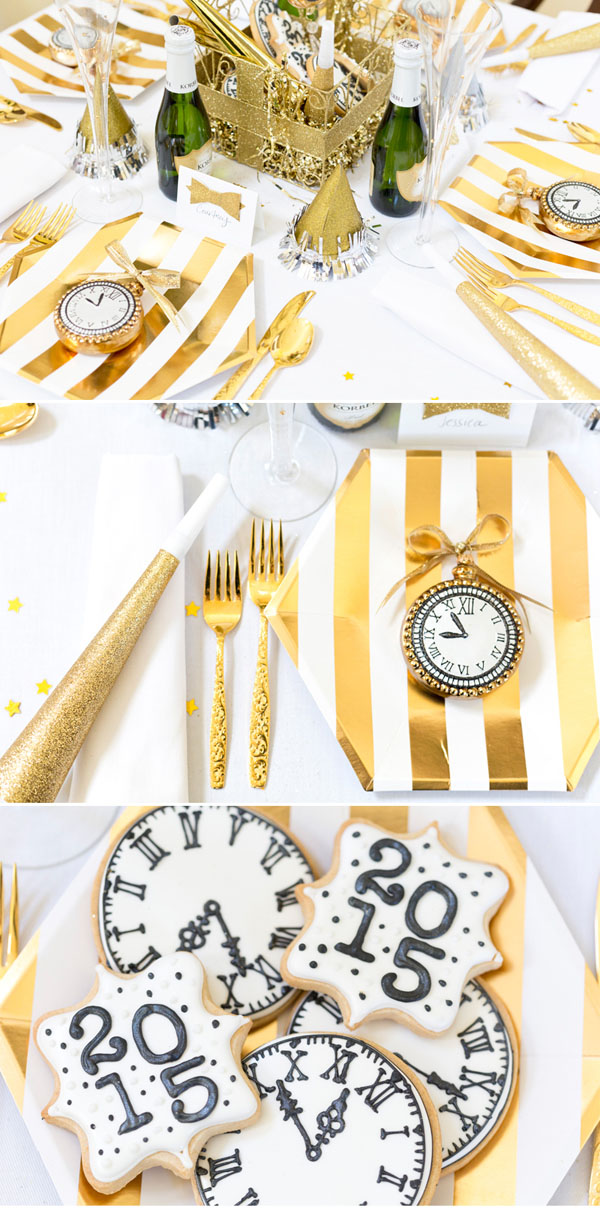 If you are ringing in the New Year at home try this metallic tablescape New Years Eve Tablescape party favors