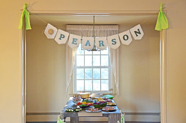 I am sharing some helpful tips on how to host a baby shower in your apartment Staging Baby Shower fabric name pennant banner