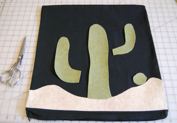 No Sew Cactus Pillow placing applique shapes
