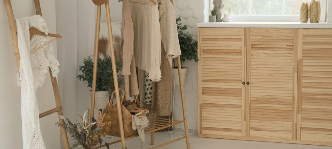 A stylish clothing rack with seasonal items displayed.