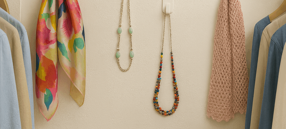 Adhesive hooks holding scarves and necklaces.