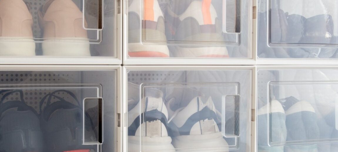 Shoe storage in closet.