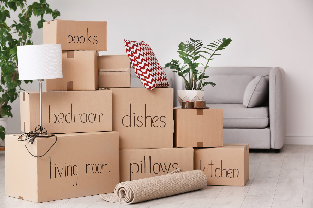 A bunch of labeled moving boxes in a living room.