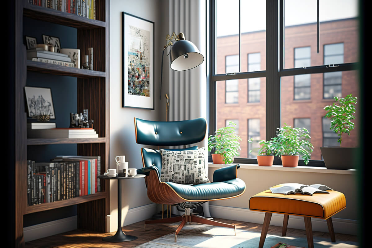 Reading corner in the rental house near the window and the library. 