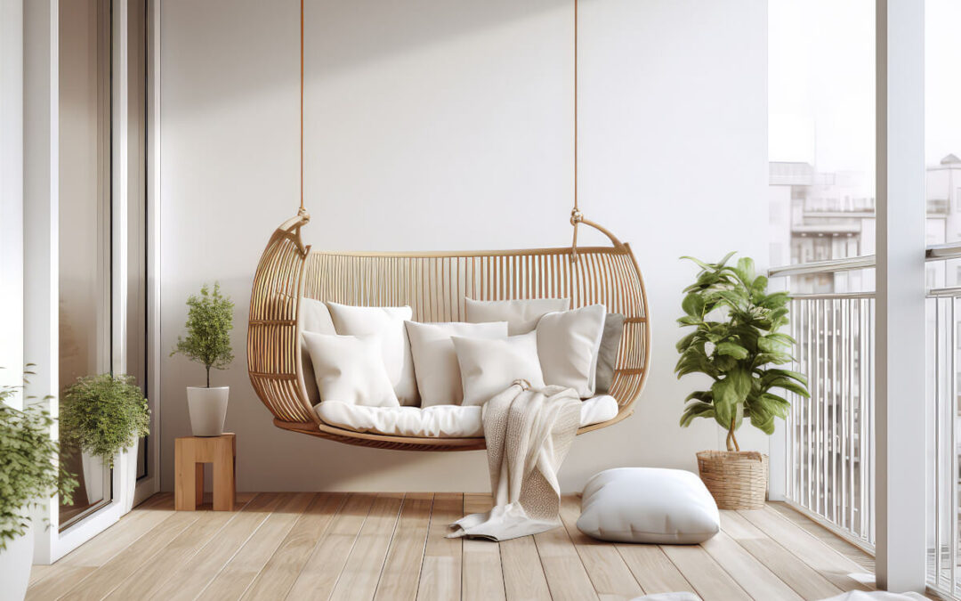 Beautiful patio swing hangs on an apartment patio.