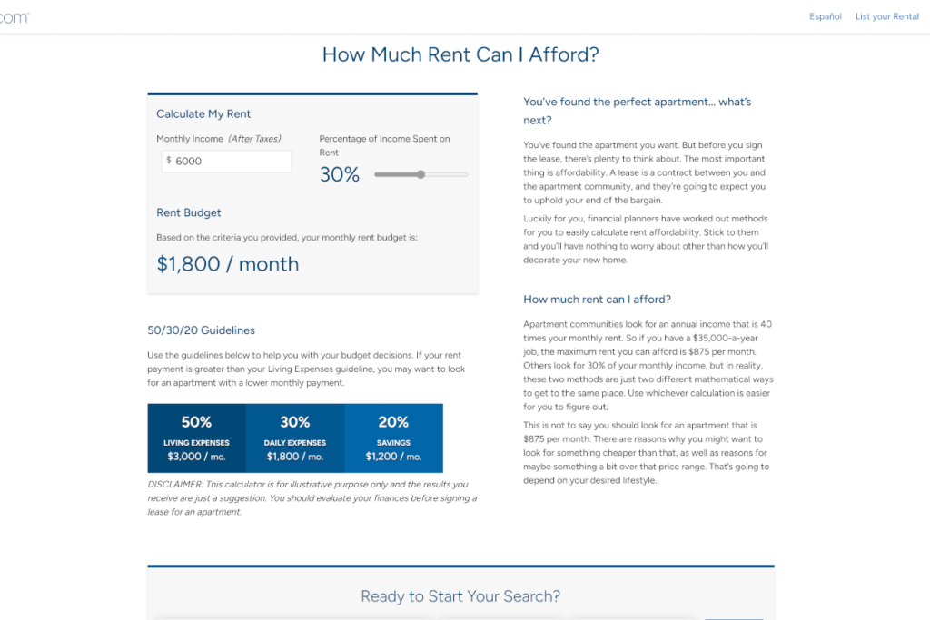 Screenshot of ForRent's Rent Calculator