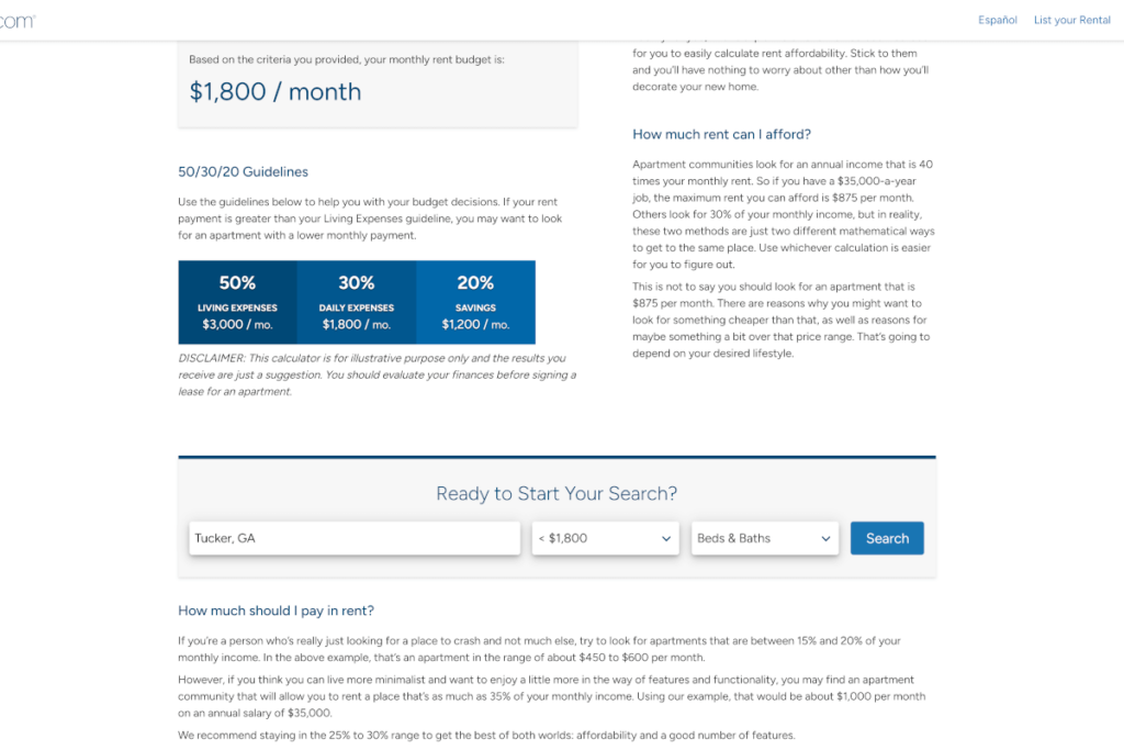 Screenshot of the search function in ForRent.com's Rent Calculator.
