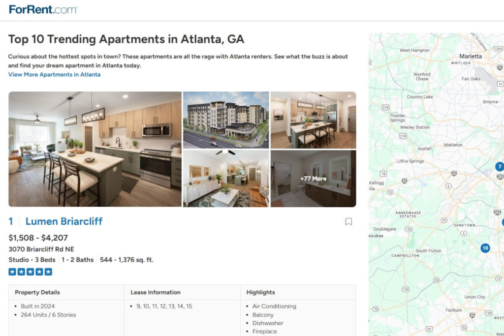 Top 10 Trending Apartments in Atlanta page on ForRent.com