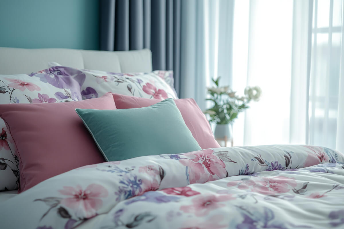 A close-up of pink and purple floral bedding on a bed.