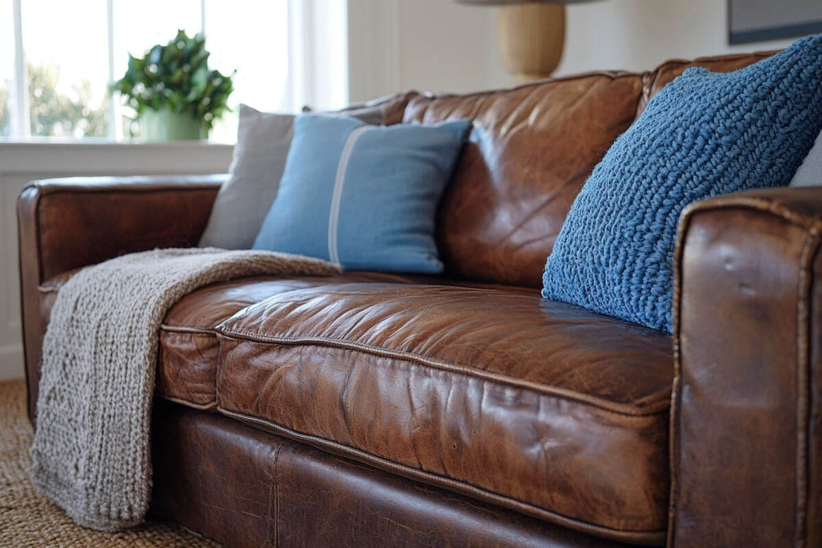 Blue and gray throw pillows and a gray knit throw blanket on a brown leather couch.