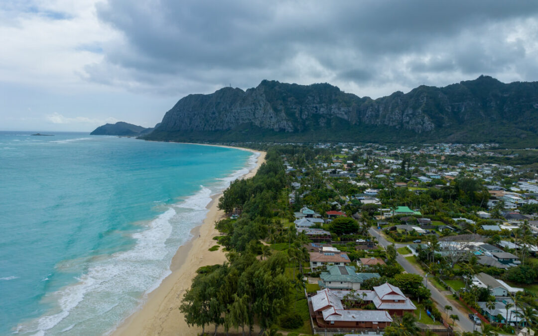 An aerial view of beachside living in Waimānalo, HI.