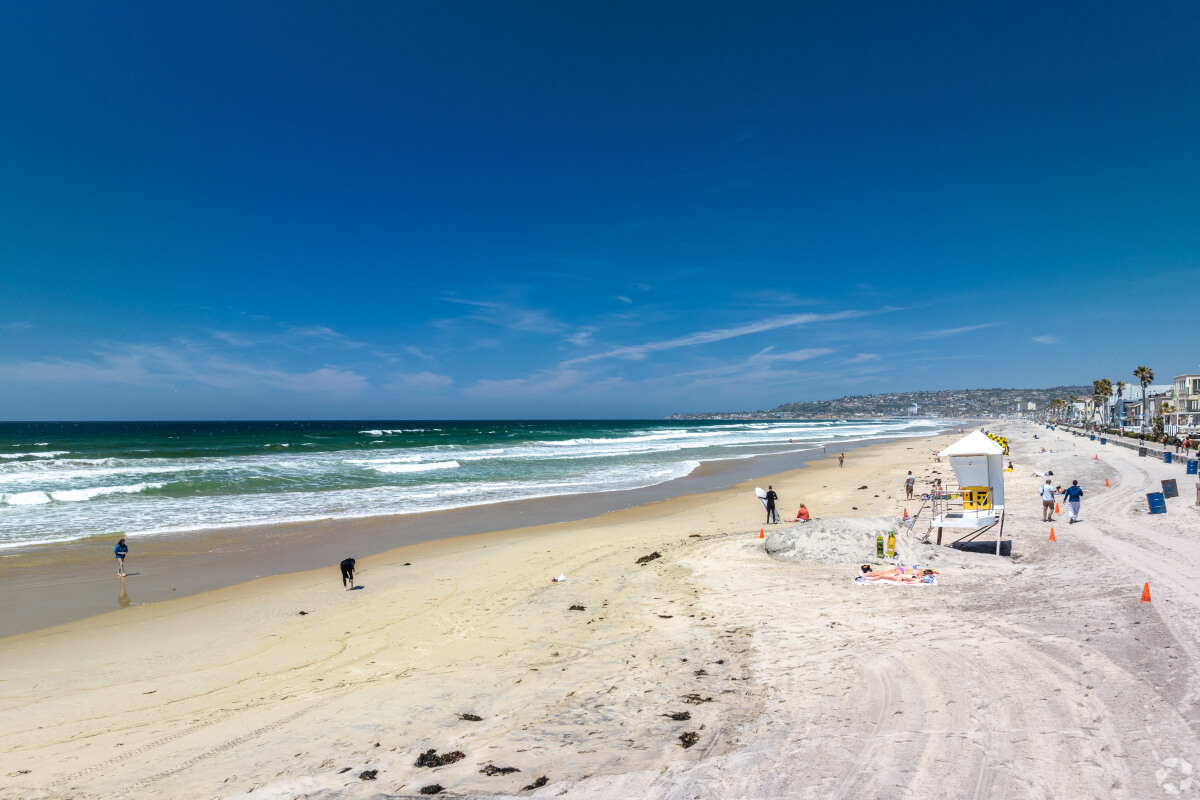 Beachgoers lounge on Mission Beach in San Diego.