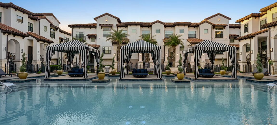 Townhomes surround a swimming pool in Houston, Texas.