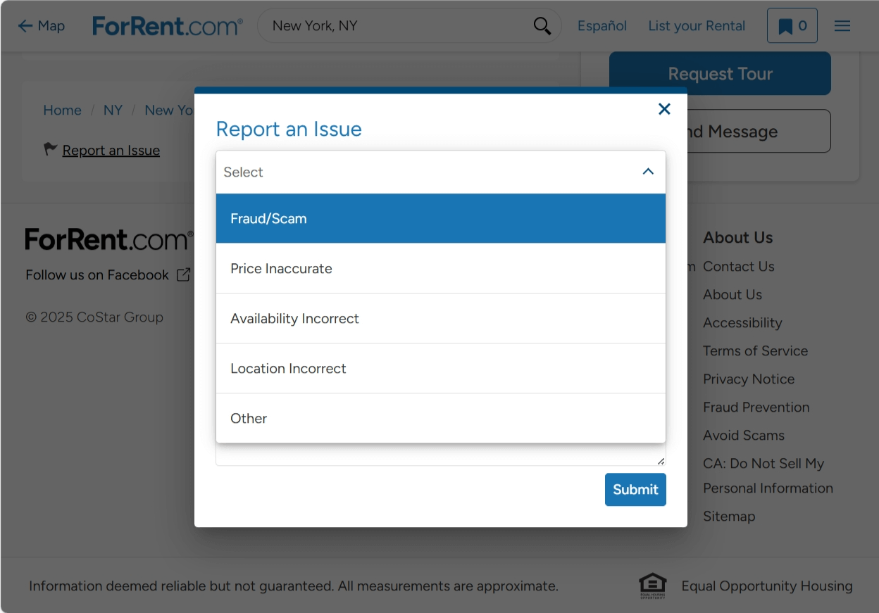 A screenshot of the "Report an Issue" popup on ForRent.com where renters can report a fraudulent rental listing.