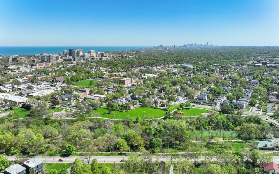 Birds eye view of Chicago suburbs